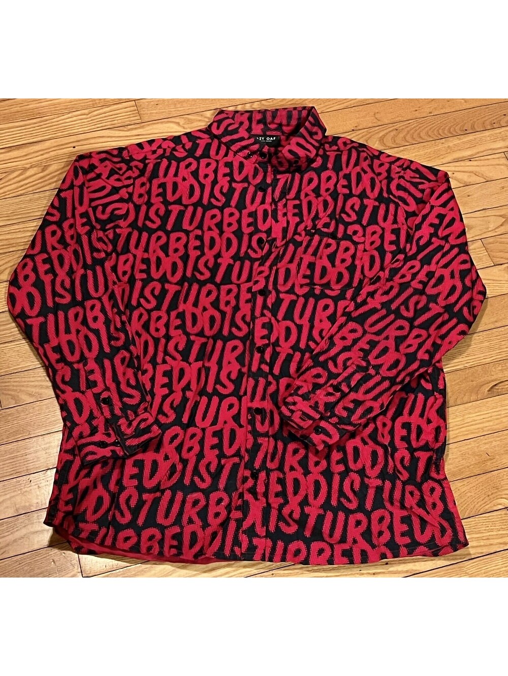 Lazy Oaf Apathetic Apparel “Disturbed” AOP Long Sleeve Button Down Shirt Size L